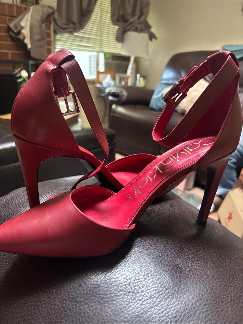 Calvin Klein Red Pointed-Toe Ankle-Strap Stilettos